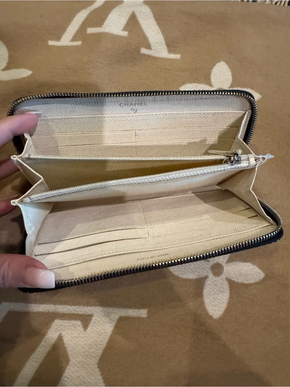 CHANEL Navy & White Striped CC Zip Wallet